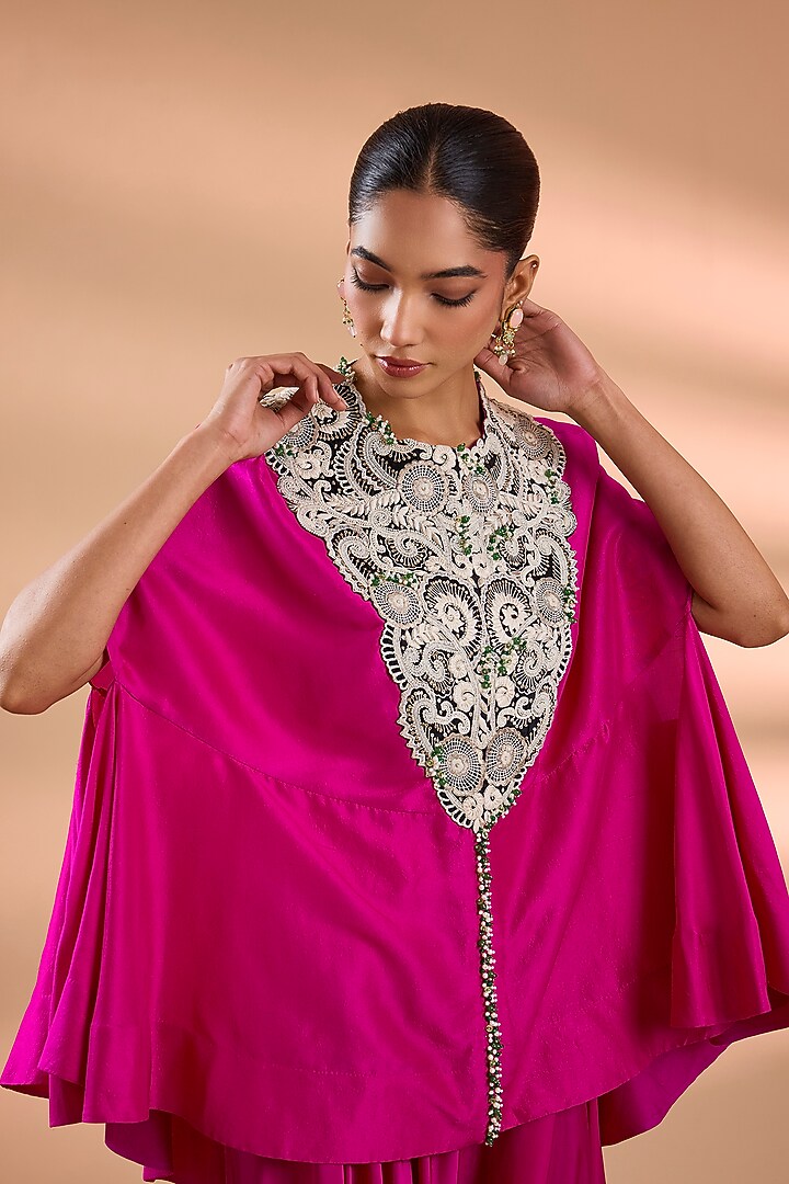 Rani Pink Dupion Embroidered Cape Set by Minaxi Dadoo at Pernia's Pop Up Shop
