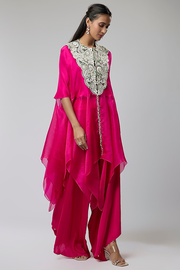 Rani Pink Silk & Organza Embroidered Cape Set by Minaxi Dadoo at Pernia's Pop Up Shop