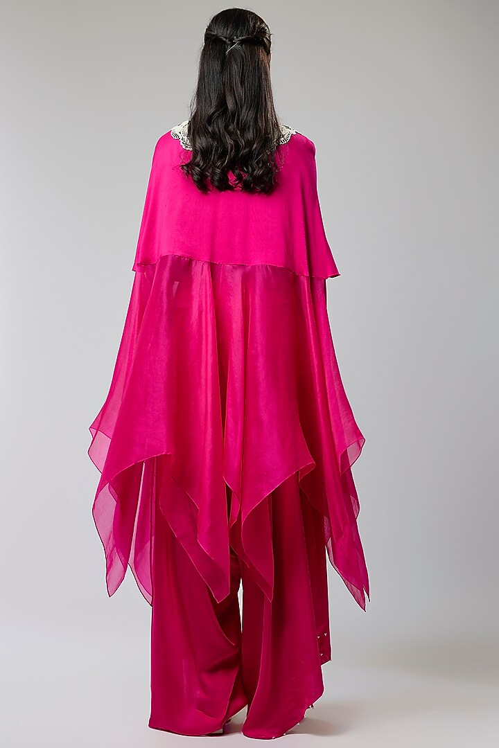 Rani Pink Silk & Organza Embroidered Cape Set by Minaxi Dadoo at Pernia's Pop Up Shop