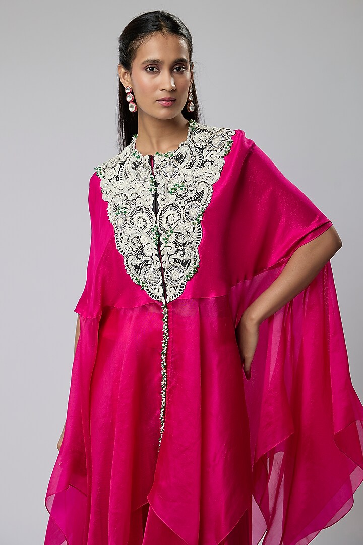 Rani Pink Silk & Organza Embroidered Cape Set by Minaxi Dadoo at Pernia's Pop Up Shop