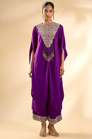 Purple Dupion Silk Kaftan Set by Minaxi Dadoo