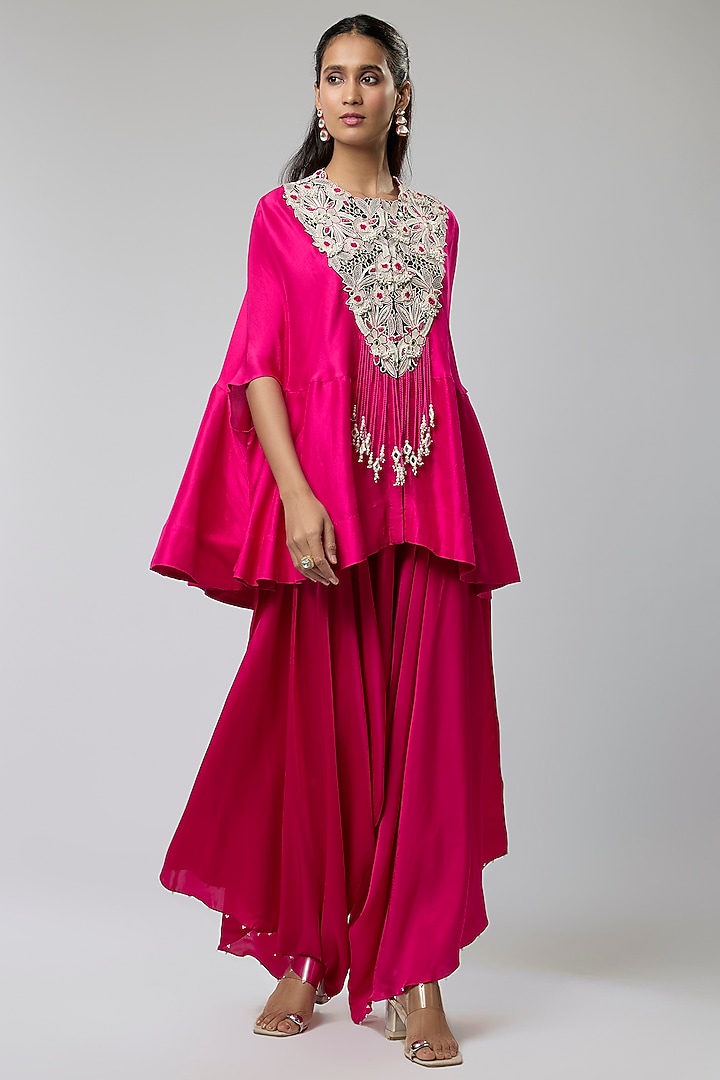 Rani Pink Dupion Embroidered Cape Set by Minaxi Dadoo at Pernia's Pop Up Shop