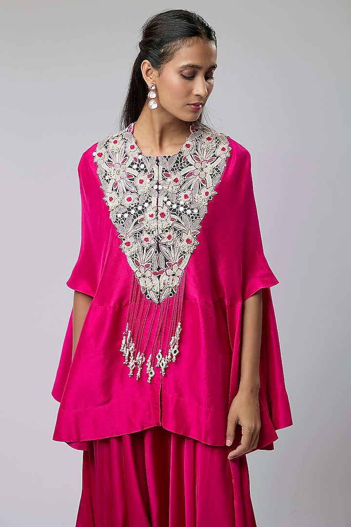 Rani Pink Dupion Embroidered Cape Set by Minaxi Dadoo at Pernia's Pop Up Shop
