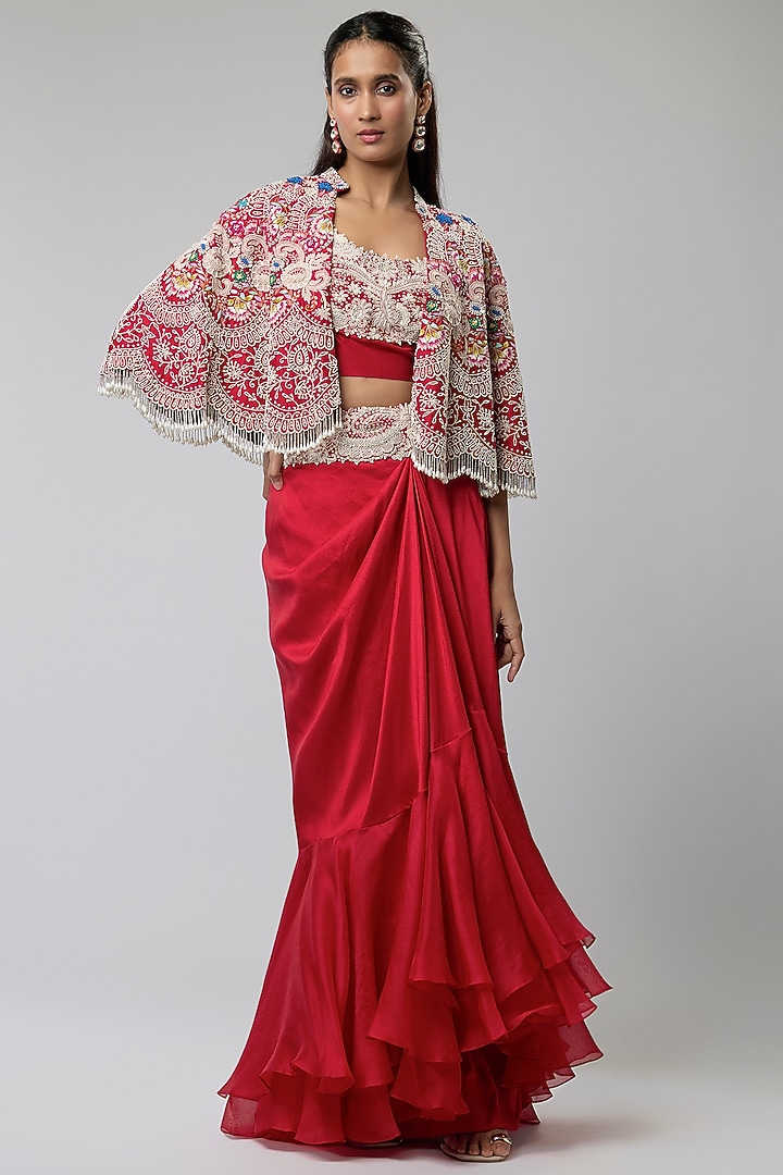 Red Silk Ruffled Skirt Set by Minaxi Dadoo at Pernia's Pop Up Shop