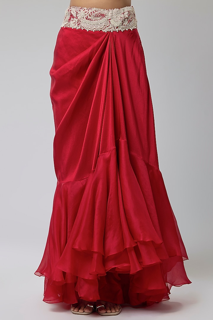 Red Silk Ruffled Skirt Set by Minaxi Dadoo at Pernia's Pop Up Shop