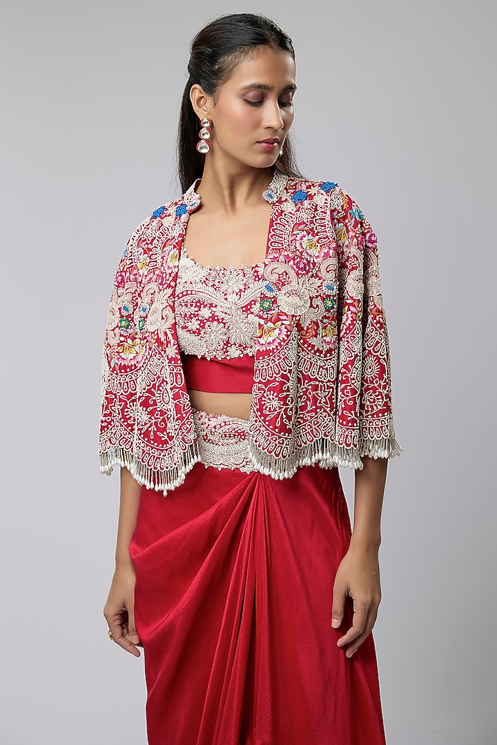 Red Silk Ruffled Skirt Set by Minaxi Dadoo at Pernia's Pop Up Shop