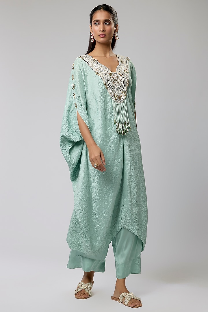 Powder Blue Silk Embroidered Kaftan Set by Minaxi Dadoo at Pernia's Pop Up Shop