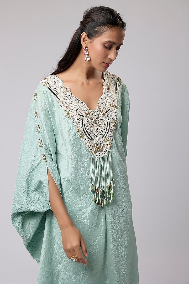 Powder Blue Silk Embroidered Kaftan Set by Minaxi Dadoo at Pernia's Pop Up Shop