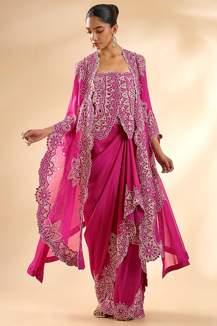 Rani Pink Dupion Silk Cape Set by Minaxi Dadoo at Pernia's Pop Up Shop