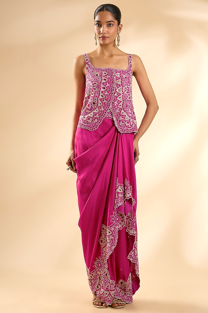 Rani Pink Dupion Silk Cape Set by Minaxi Dadoo at Pernia's Pop Up Shop