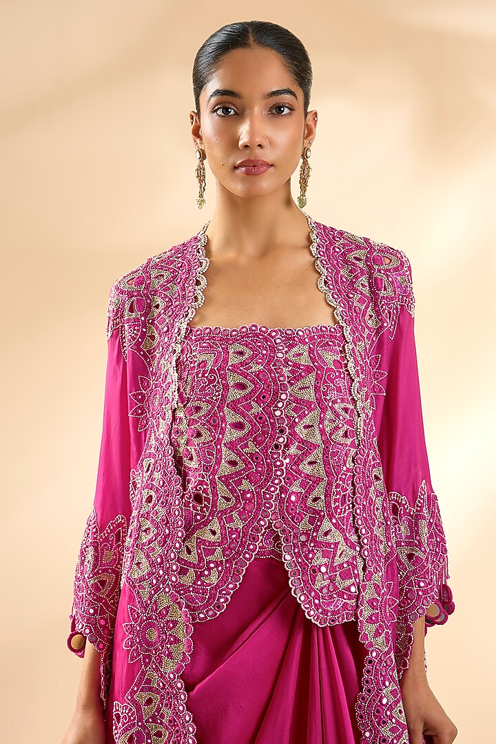 Rani Pink Dupion Silk Cape Set by Minaxi Dadoo at Pernia's Pop Up Shop