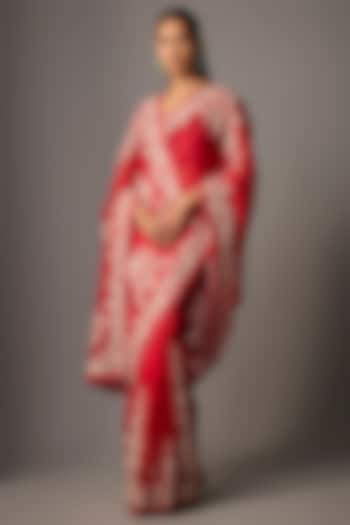 Red Organza Thread Embroidered Reception Saree Set by Minaxi Dadoo at Pernia's Pop Up Shop
