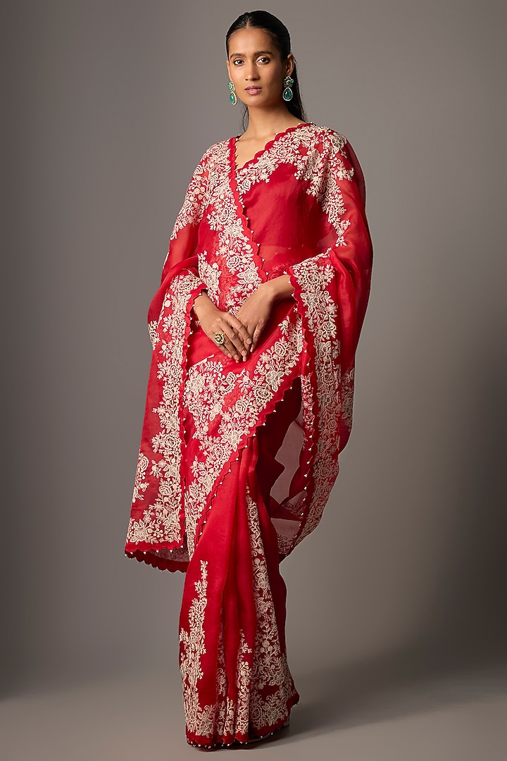 Red Organza Thread Embroidered Reception Saree Set by Minaxi Dadoo at Pernia's Pop Up Shop