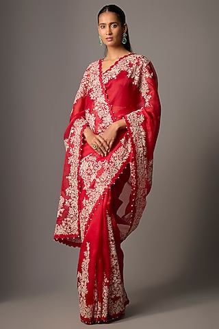 Red Organza Thread Embroidered Saree Set by Minaxi Dadoo