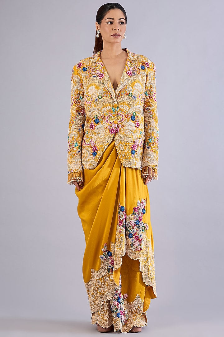 Yellow Dupion Silk Thread & Pearl Work Jacket Set by Minaxi Dadoo at Pernia's Pop Up Shop