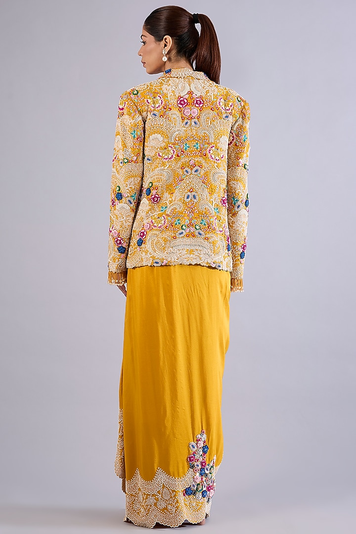Yellow Dupion Silk Thread & Pearl Work Jacket Set by Minaxi Dadoo at Pernia's Pop Up Shop