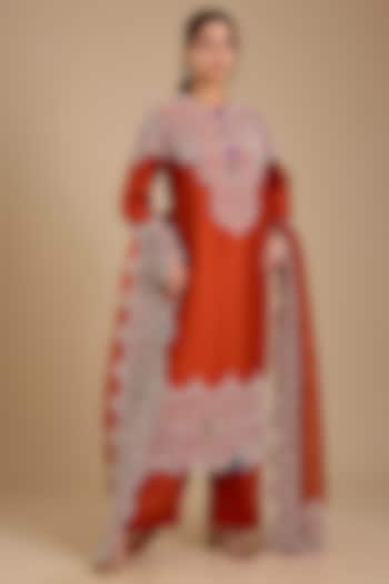 Rust Orange China Dupion Pearl Work Kurta Set by Minaxi Dadoo at Pernia's Pop Up Shop