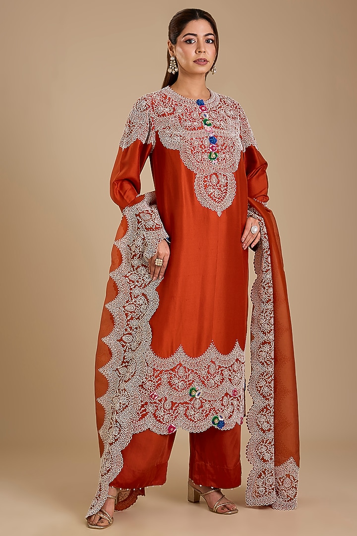 Rust Orange China Dupion Pearl Work Kurta Set by Minaxi Dadoo at Pernia's Pop Up Shop