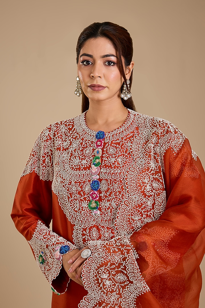 Rust Orange China Dupion Pearl Work Kurta Set by Minaxi Dadoo at Pernia's Pop Up Shop
