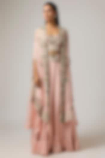 Pink Organza Embroidered Cape Set by Minaxi Dadoo at Pernia's Pop Up Shop