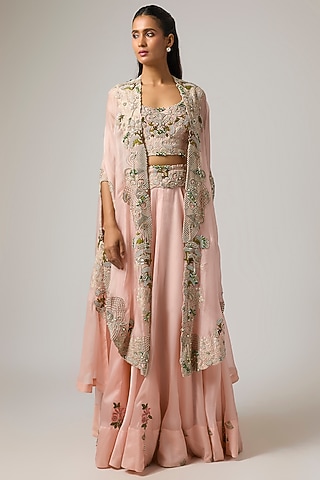 Pink Organza Embroidered Cape Set by Minaxi Dadoo
