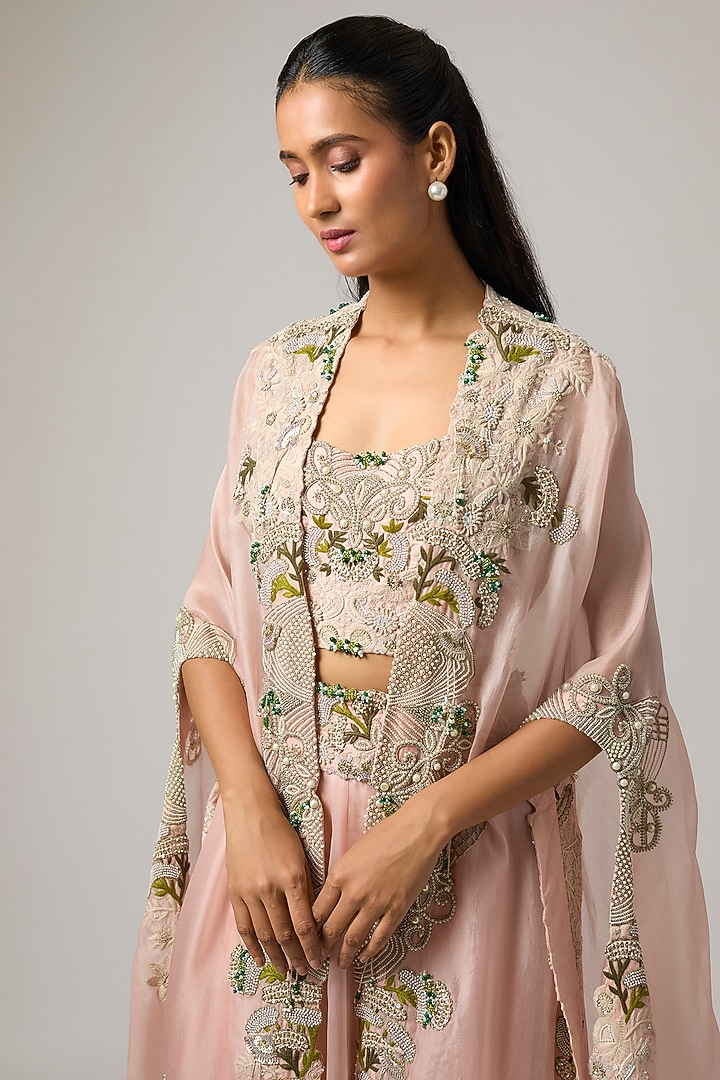 Pink Organza Embroidered Cape Set by Minaxi Dadoo at Pernia's Pop Up Shop