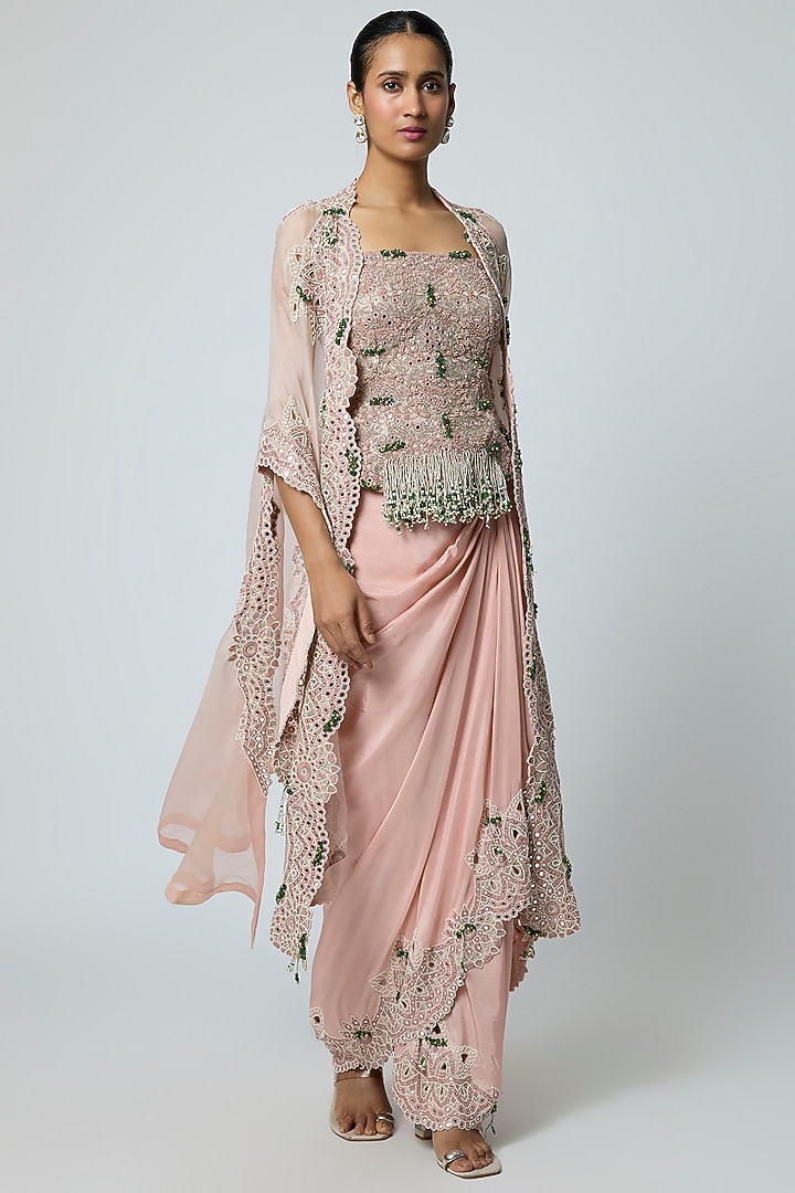 Pink Organza Embroidered Cape Set by Minaxi Dadoo at Pernia's Pop Up Shop