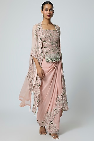 Pink Organza Embroidered Cape Set by Minaxi Dadoo