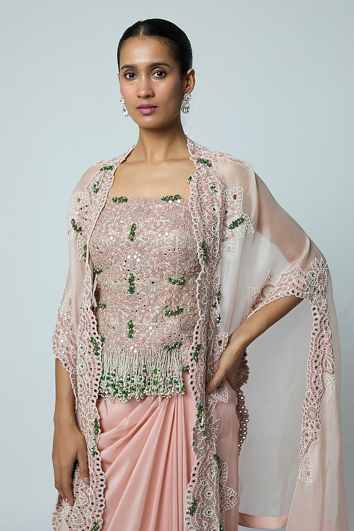 Pink Organza Embroidered Cape Set by Minaxi Dadoo at Pernia's Pop Up Shop