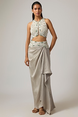 Steel Grey Silk Pick-Up Skirt Set by Minaxi Dadoo