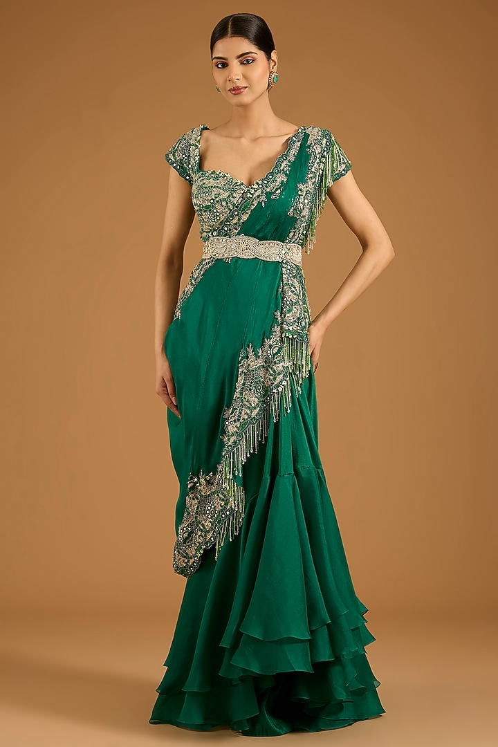 Green Dupion & Silk Pick-Up Skirt Set by Minaxi Dadoo at Pernia's Pop Up Shop