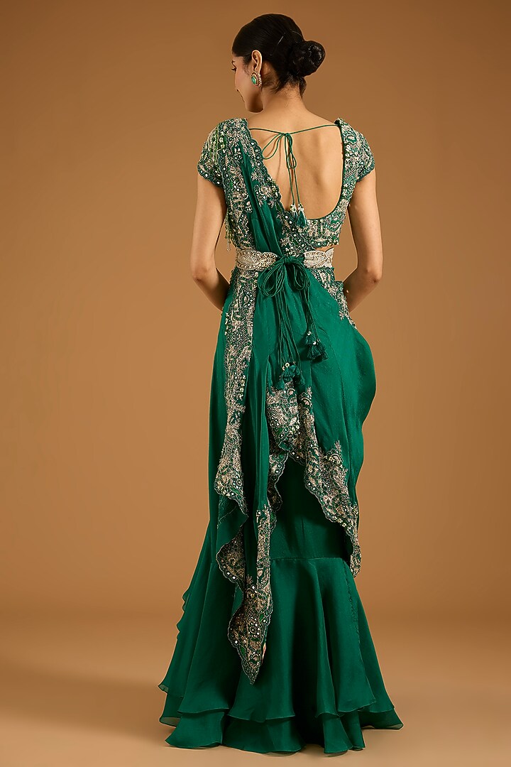 Green Dupion & Silk Pick-Up Skirt Set by Minaxi Dadoo at Pernia's Pop Up Shop
