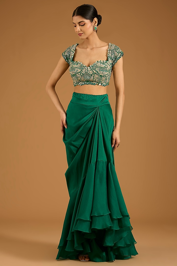 Green Dupion & Silk Pick-Up Skirt Set by Minaxi Dadoo at Pernia's Pop Up Shop