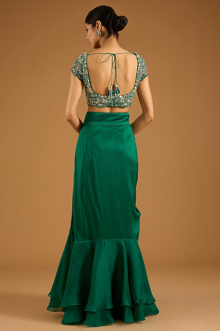 Green Dupion & Silk Pick-Up Skirt Set by Minaxi Dadoo at Pernia's Pop Up Shop