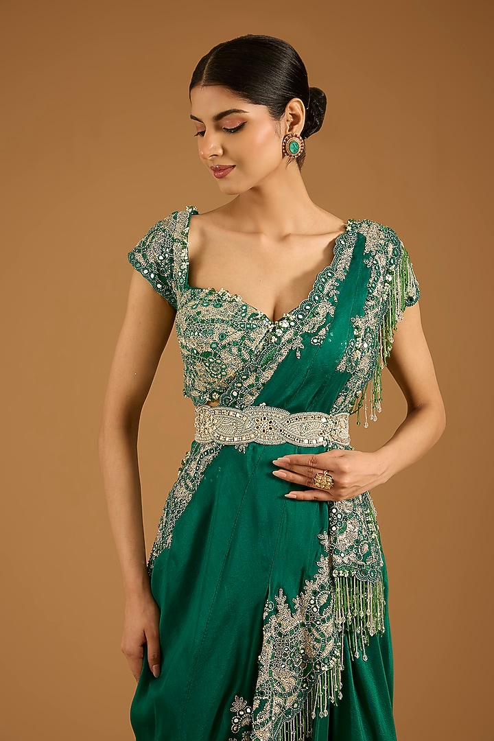 Green Dupion & Silk Pick-Up Skirt Set by Minaxi Dadoo at Pernia's Pop Up Shop