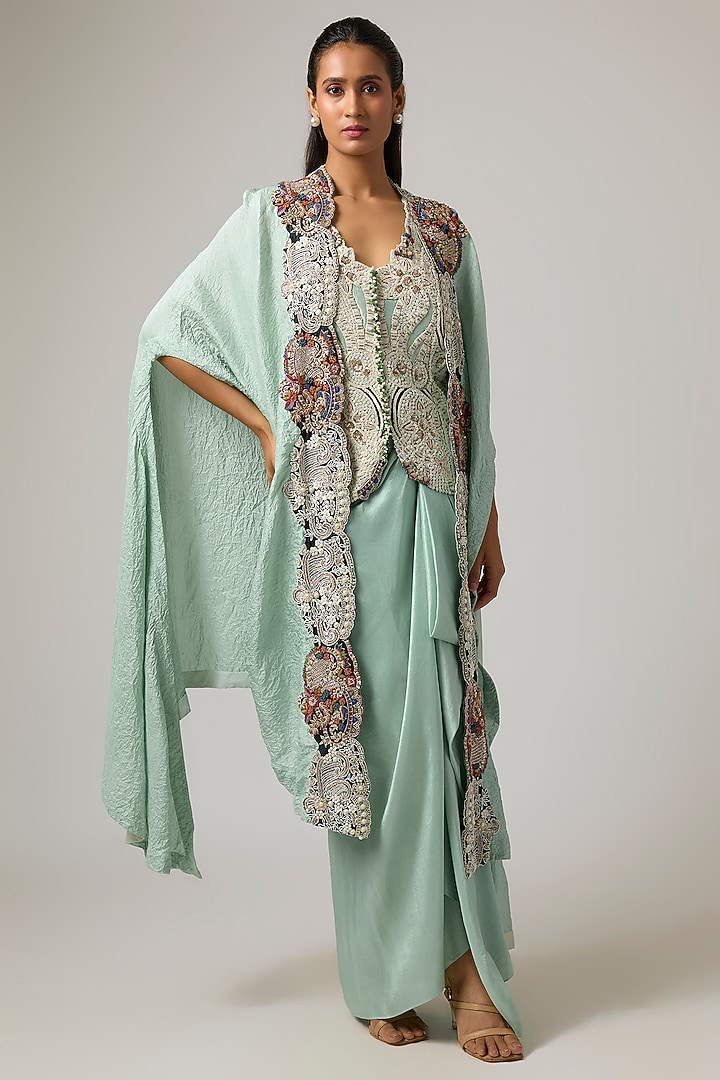 Powder Blue Silk Embroidered Cape Set by Minaxi Dadoo at Pernia's Pop Up Shop