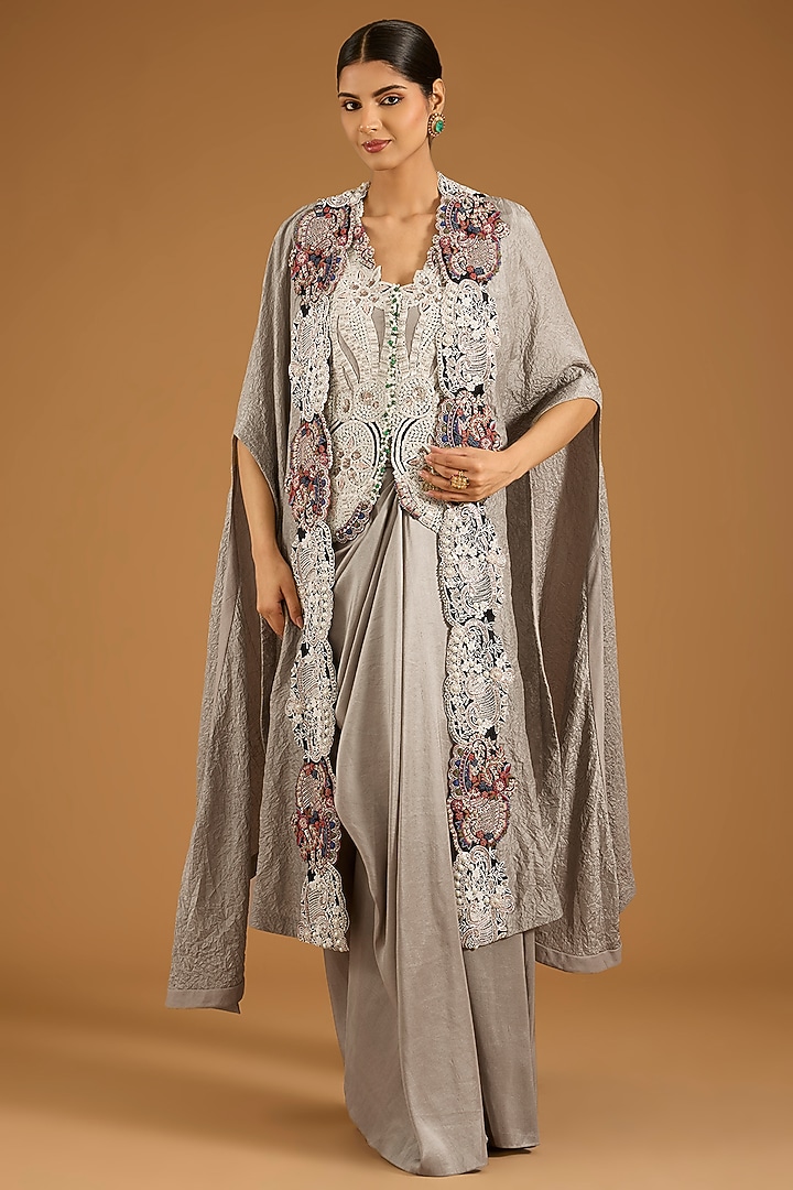 Steel Grey Silk Pick-Up Skirt Set by Minaxi Dadoo at Pernia's Pop Up Shop