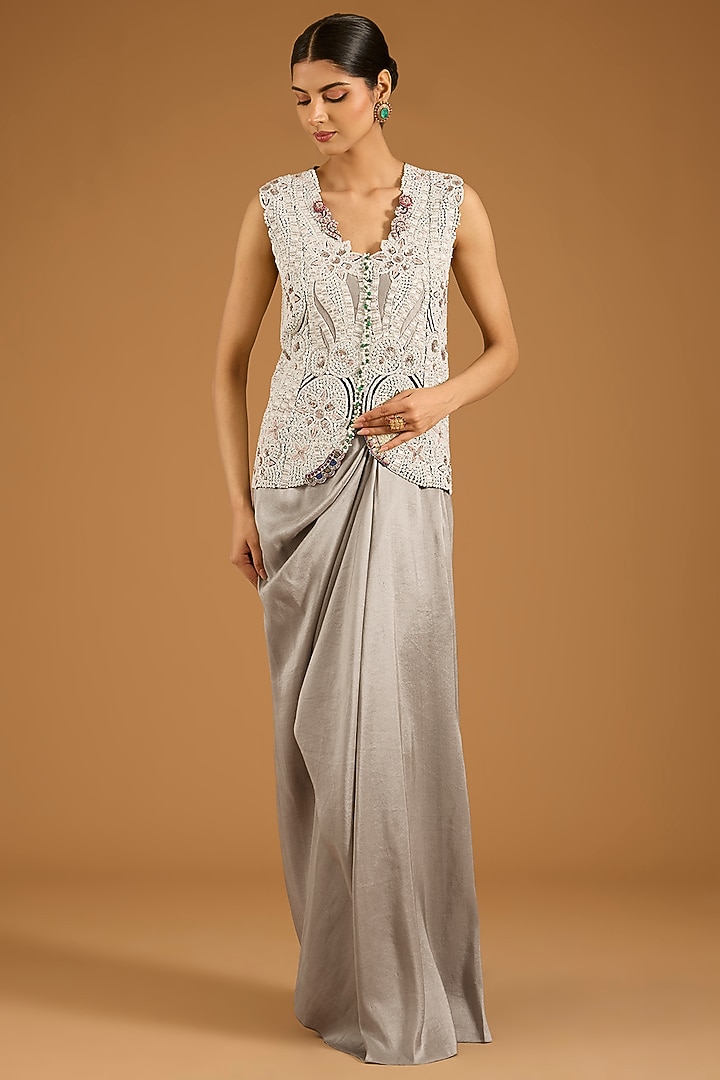 Steel Grey Silk Pick-Up Skirt Set by Minaxi Dadoo at Pernia's Pop Up Shop