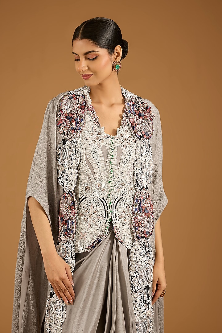 Steel Grey Silk Pick-Up Skirt Set by Minaxi Dadoo at Pernia's Pop Up Shop