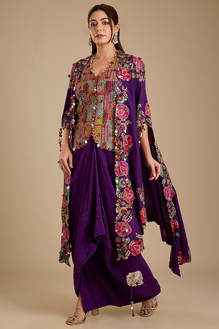 Purple Dupion Silk Thread Work Butterfly Cape Set by Minaxi Dadoo at Pernia's Pop Up Shop