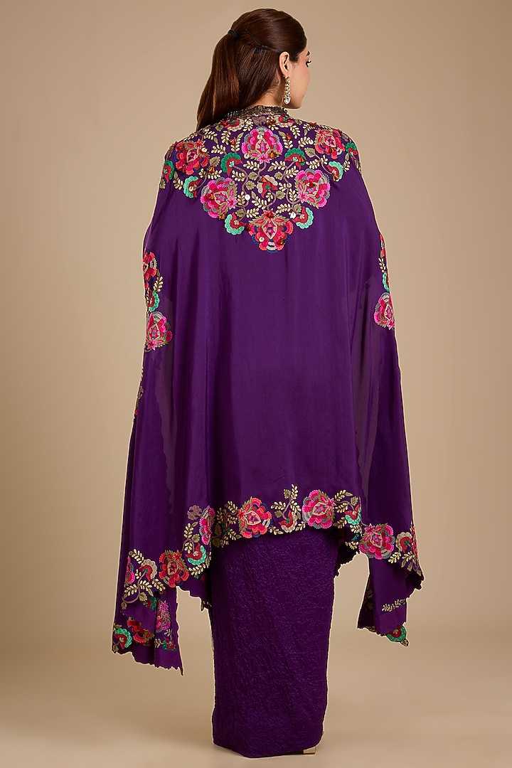 Purple Dupion Silk Thread Work Butterfly Cape Set by Minaxi Dadoo at Pernia's Pop Up Shop