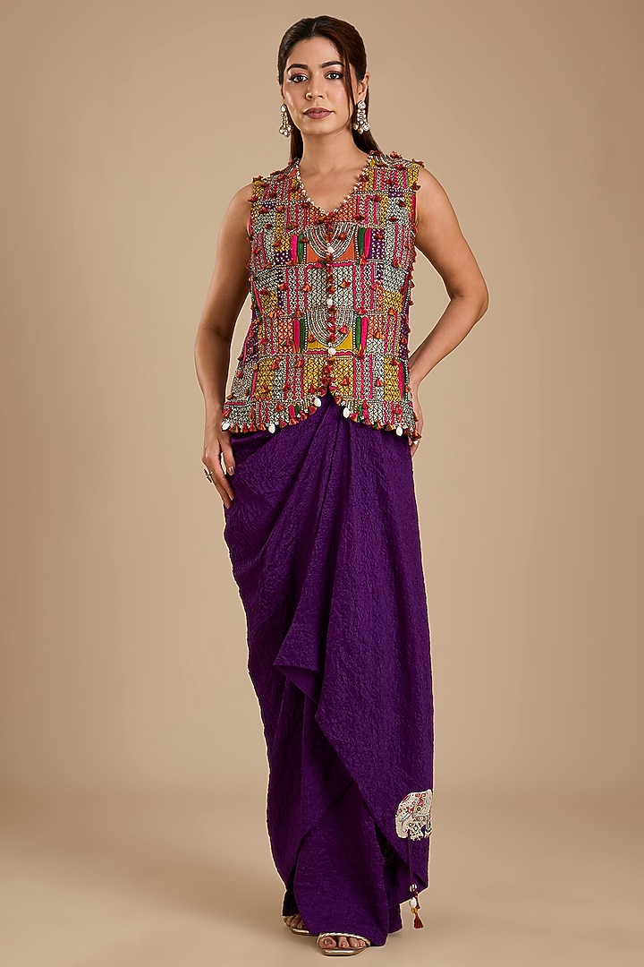 Purple Dupion Silk Thread Work Butterfly Cape Set by Minaxi Dadoo at Pernia's Pop Up Shop