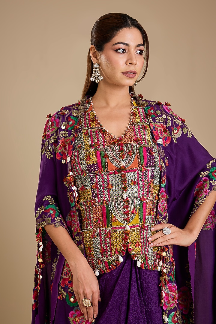 Purple Dupion Silk Thread Work Butterfly Cape Set by Minaxi Dadoo at Pernia's Pop Up Shop