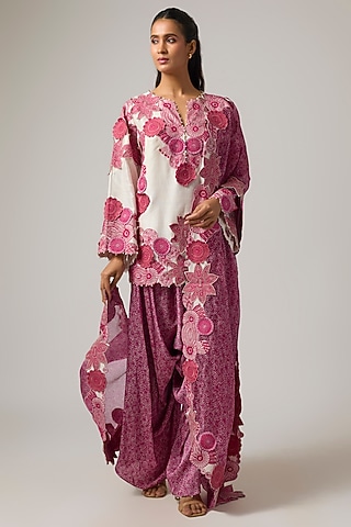 Ivory & Rani Pink Chanderi Thread Work Kurta Set by Minaxi Dadoo
