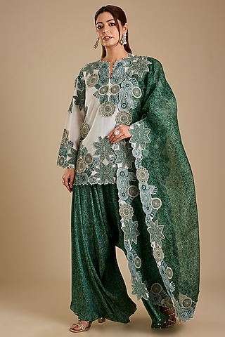 Green & Ivory Chanderi Kurta Set by Minaxi Dadoo