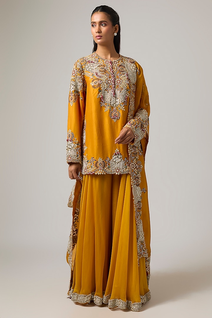 Mango Yellow Dupion Embroidered Kurta Set by Minaxi Dadoo at Pernia's Pop Up Shop