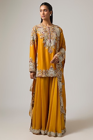 Mango Yellow Dupion Embroidered Kurta Set by Minaxi Dadoo