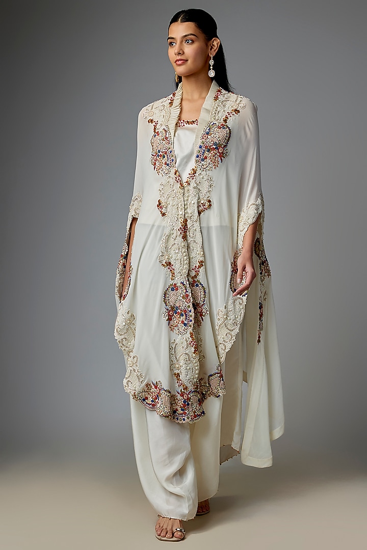 Ivory Silk & Organza Embroidered Butterfly Cape Set by Minaxi Dadoo at Pernia's Pop Up Shop