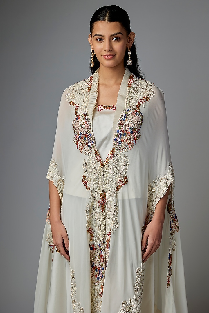 Ivory Silk & Organza Embroidered Butterfly Cape Set by Minaxi Dadoo at Pernia's Pop Up Shop