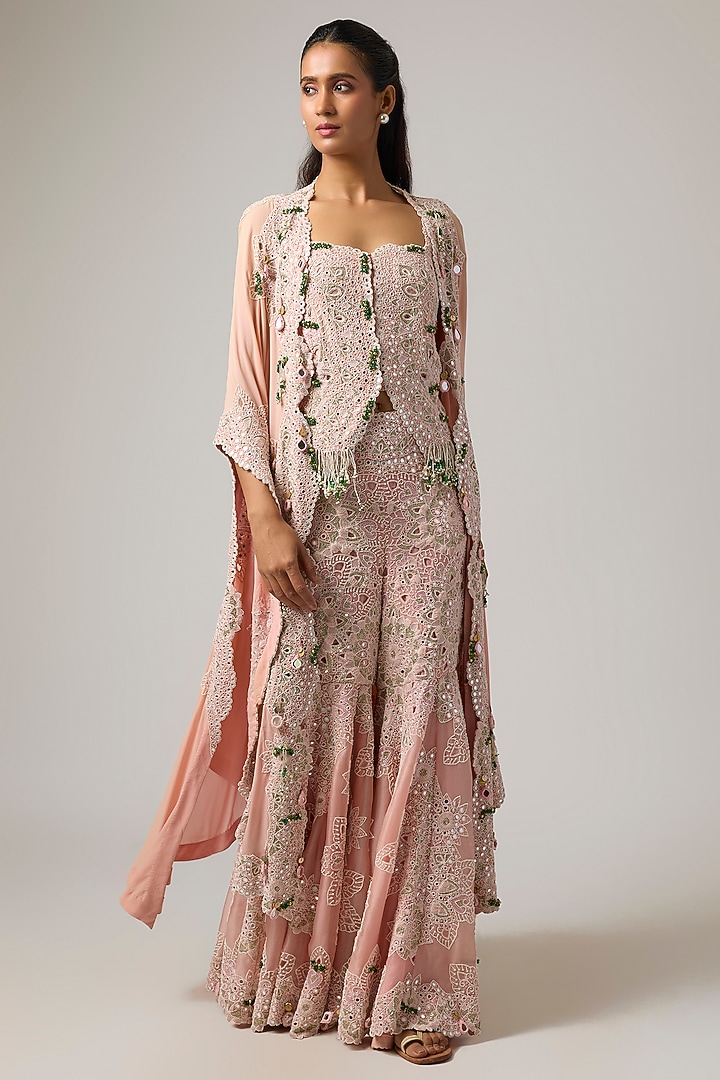 Pink Organza Mirror Work Butterfly Cape Set by Minaxi Dadoo at Pernia's Pop Up Shop
